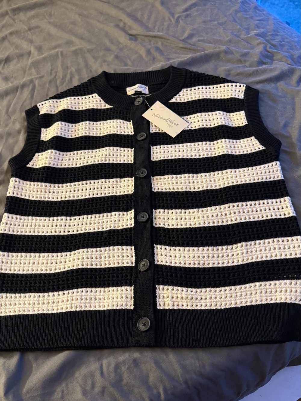 Universal Thread Black & White Striped Crochet Cardigan Vest